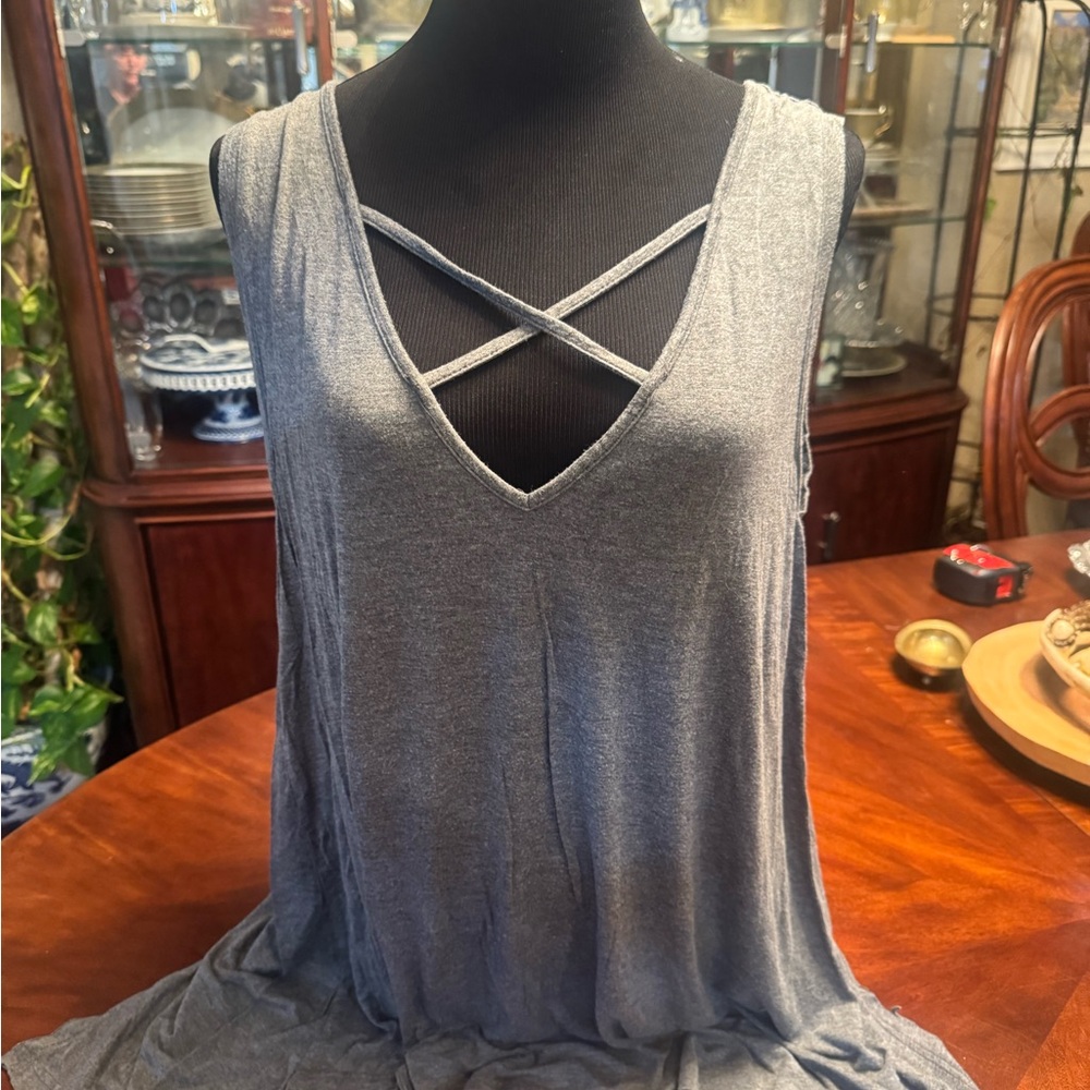 Suzanne Betro Gray Crisscross Asymmetrical Tunic Top